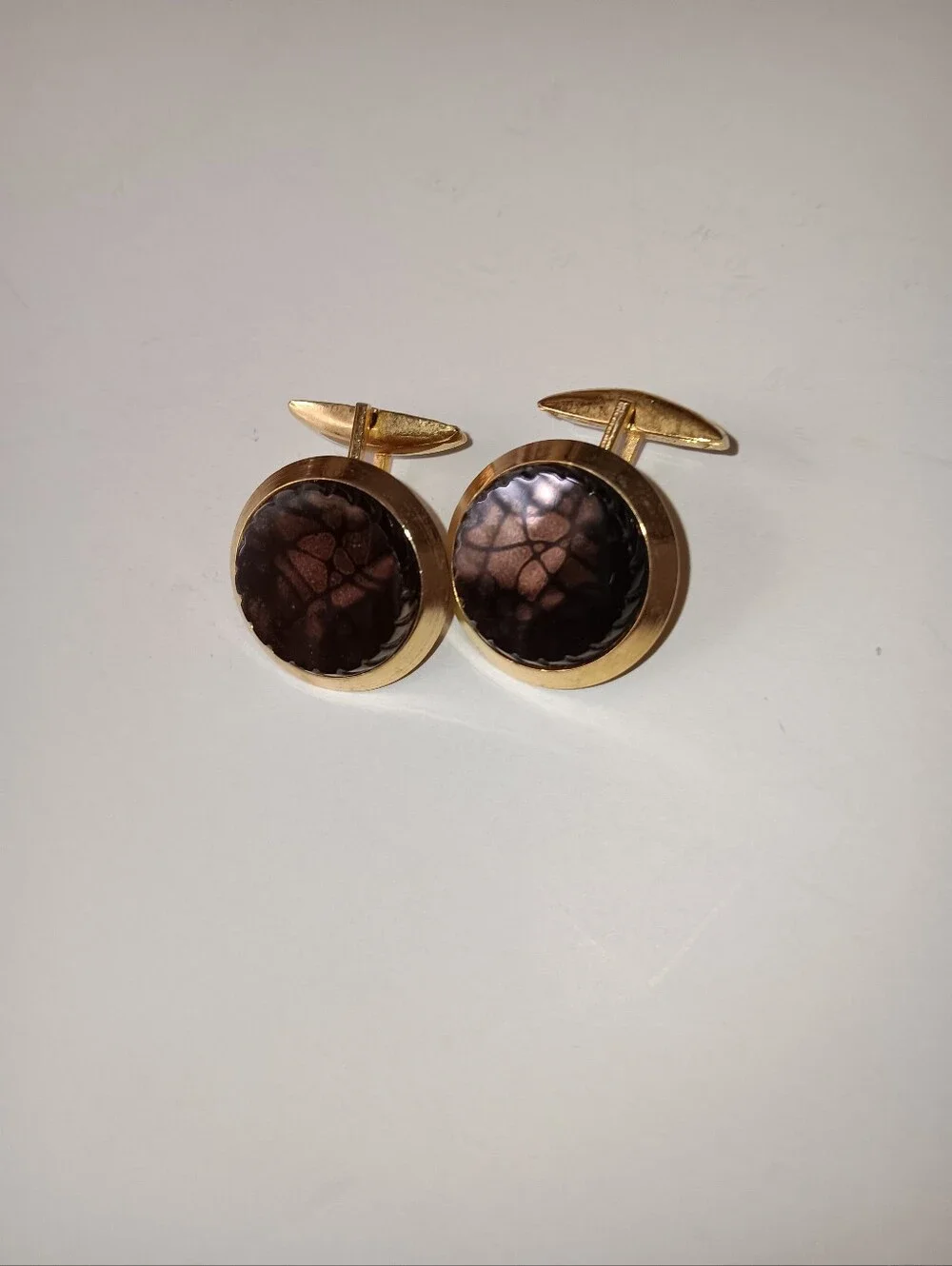 Vtg. Sarah Coventry Brown Black Gold Tone Metal Cufflinks